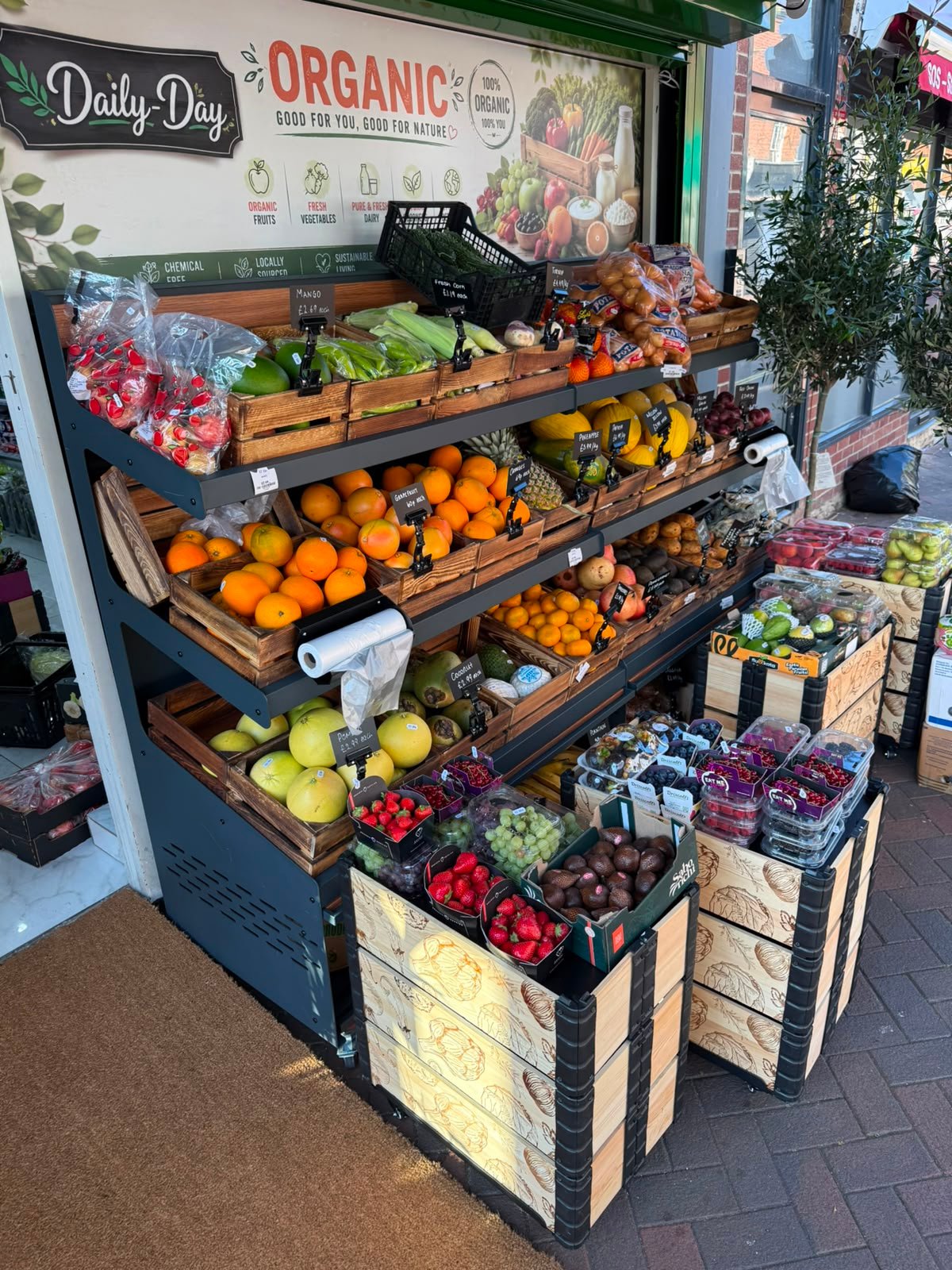 Fresh fruit display outside Daily Day